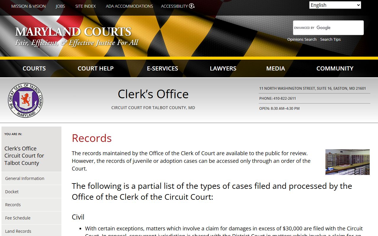 Talbot County Circuit Court records page for court records after arrest