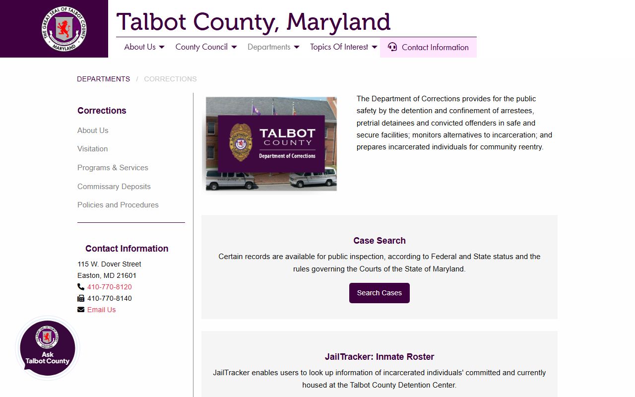 Talbot County Corrections hub for inmate population and JailTracker roster