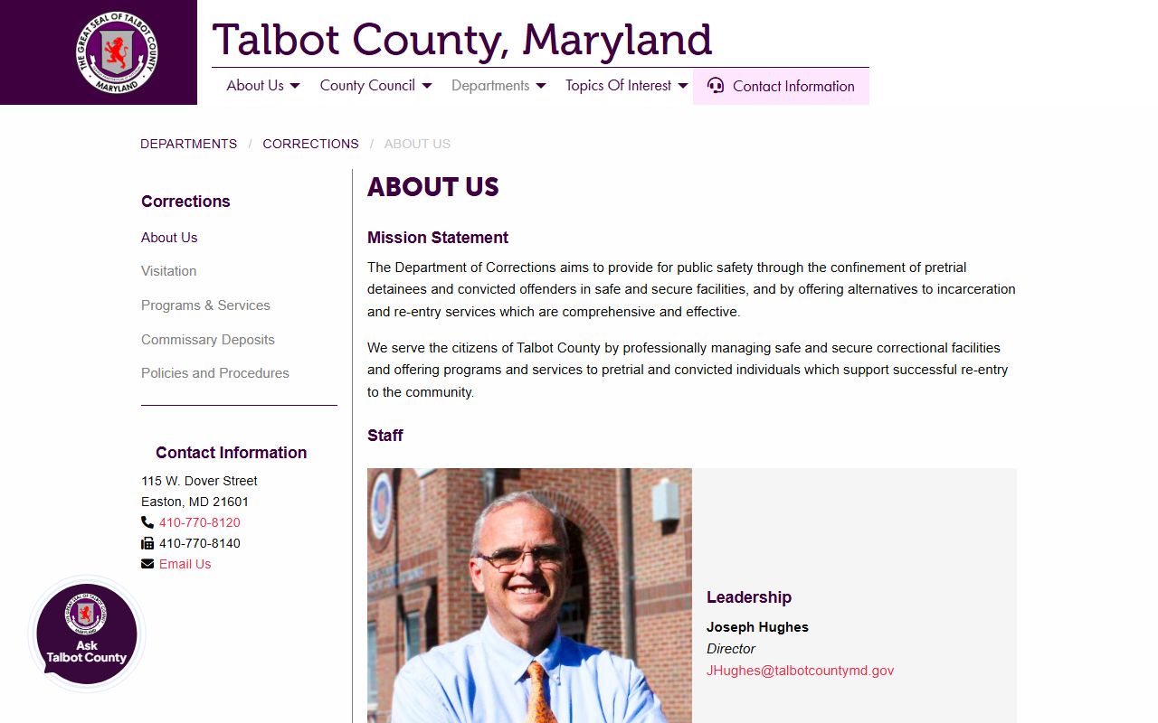 Talbot County Detention Center overview and inmate population information
