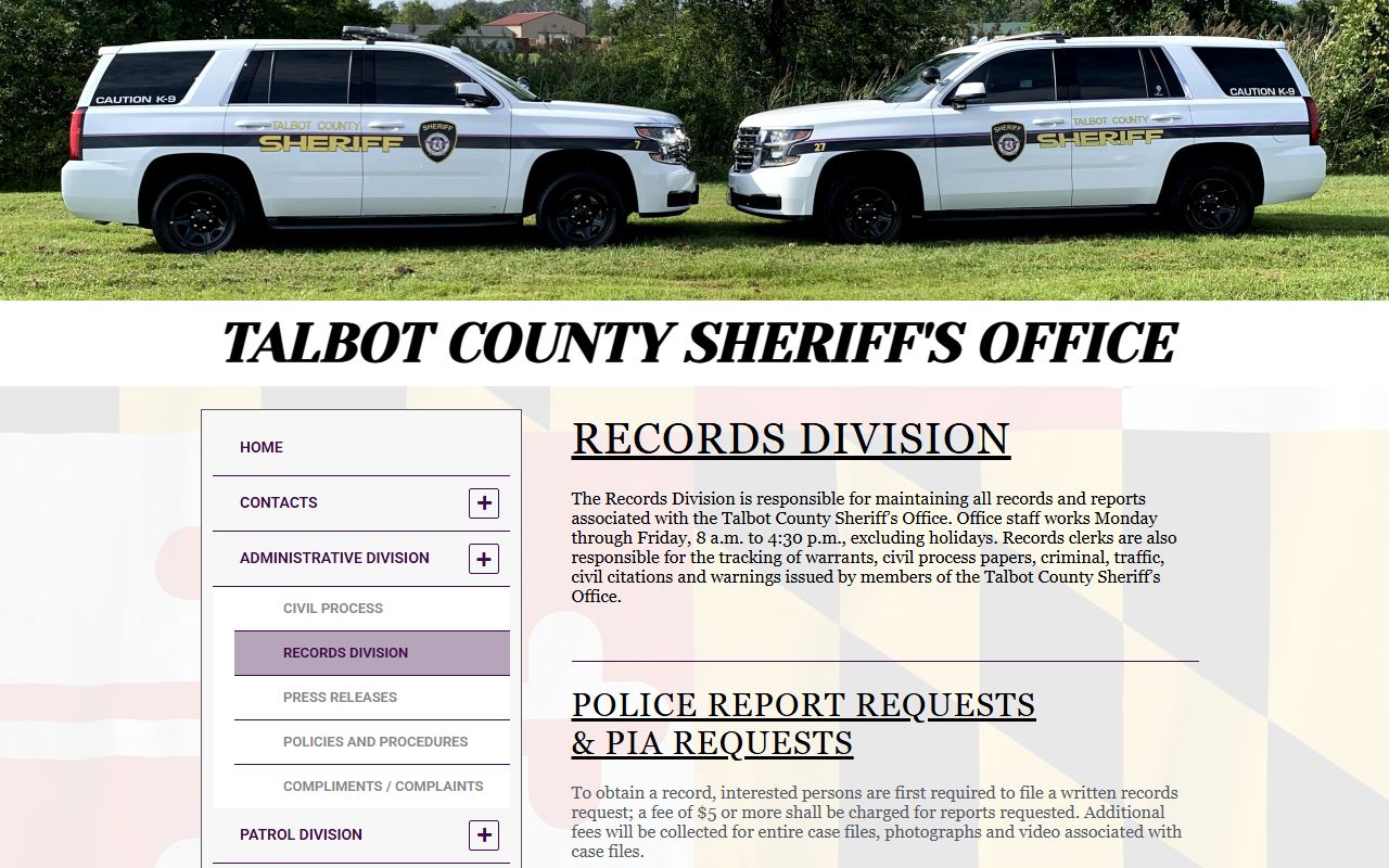Talbot County Sheriff's Records Division booking photo and report request information