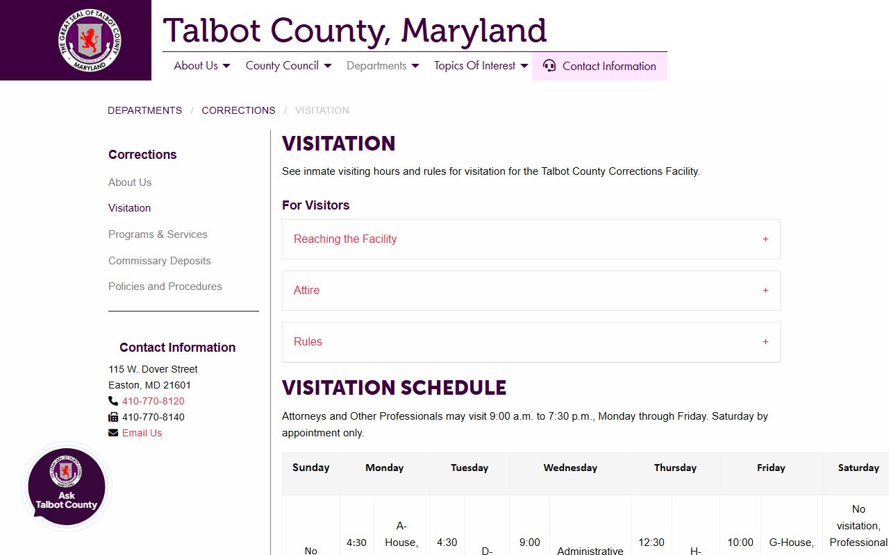 Talbot County Detention Center visitation schedule by housing unit